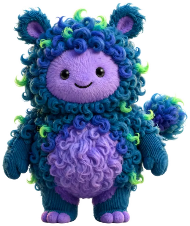 Koda, a small fluffy creature with teal and royal-blue curls, a violet face, and green-tipped tufts.