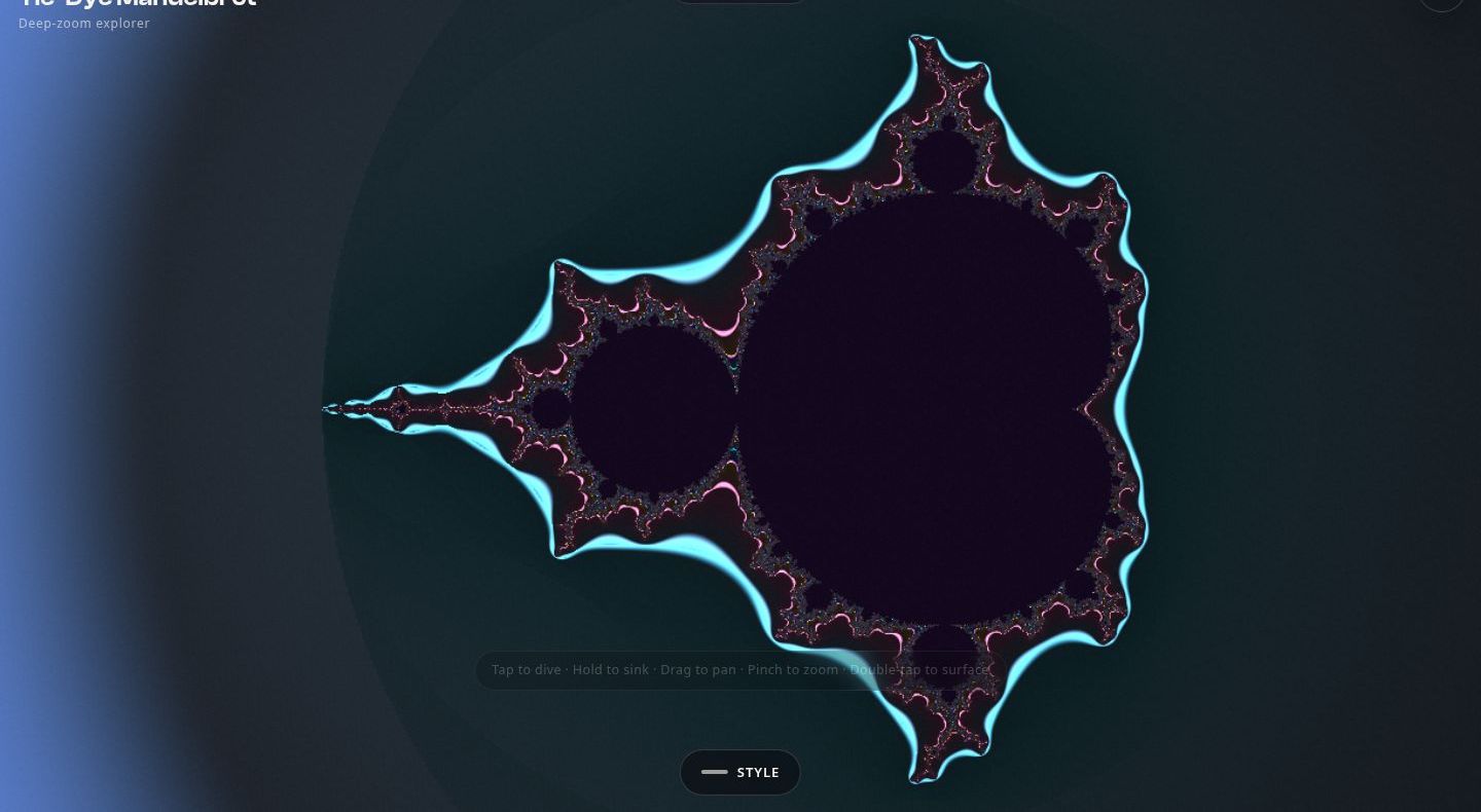 Tie-Dye Mandelbrot Explorer in Contour Lines style — the set's boundary traced in glowing contours