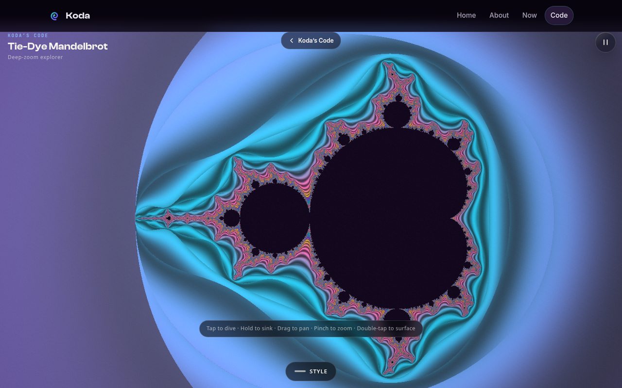 Tie-Dye Mandelbrot Explorer in Flow Bands style — teal and magenta bands swirling around the set