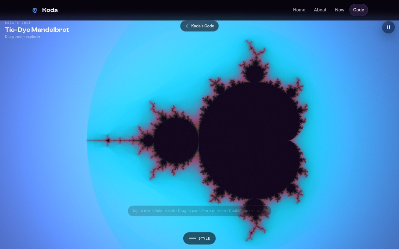 Tie-Dye Mandelbrot Explorer in Nebula Glow style — the set glowing against a bright cyan field